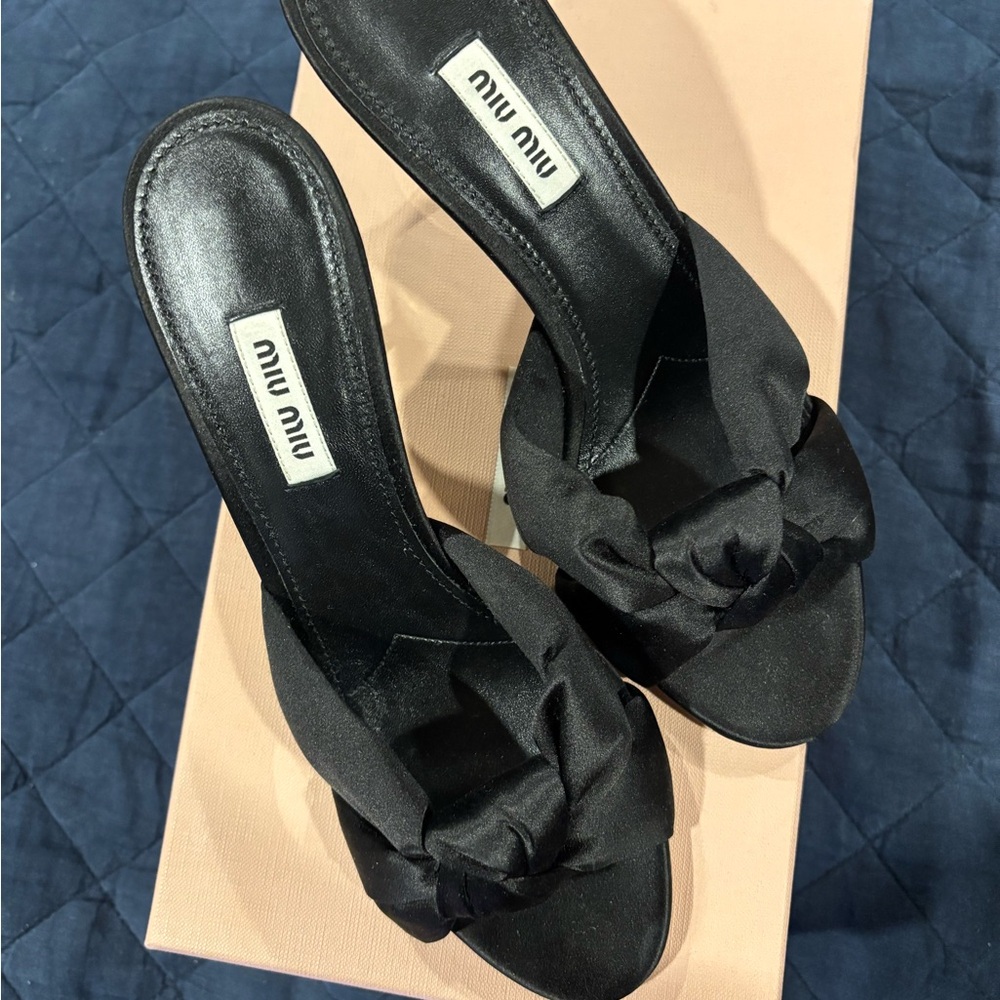 Miu Miu Black Satin Bow Mules